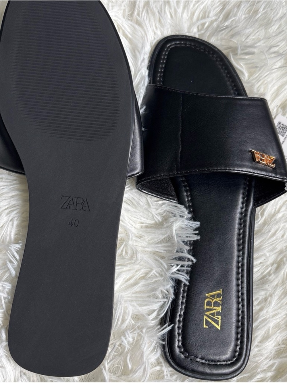 ZARA Black Slide Sandals with Gold Logo Accent